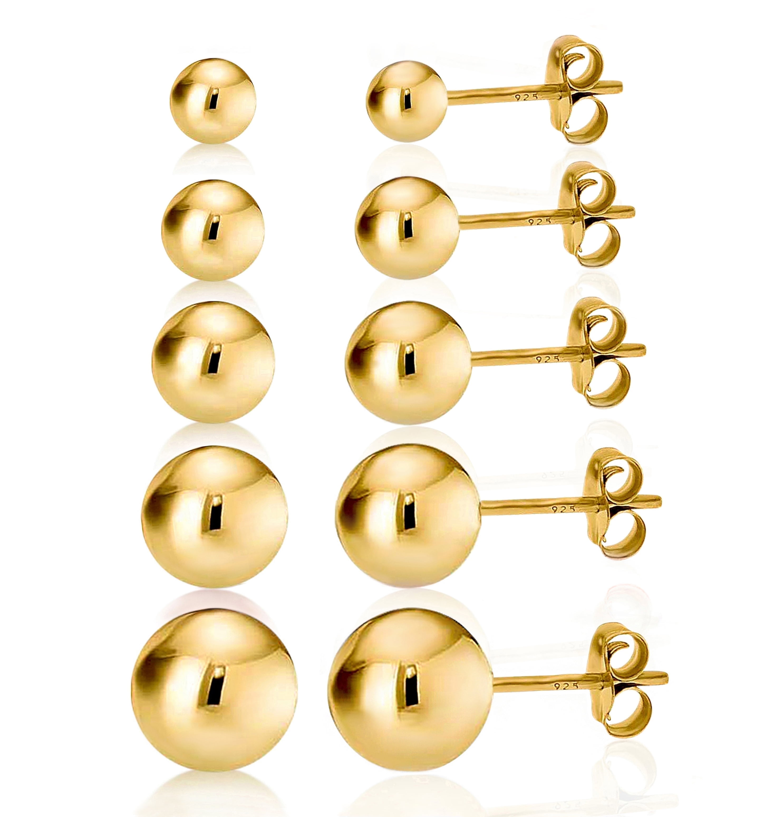 Kezef 14K Gold over 925 Silver High Polish Smooth Round Ball Stud Earring 5-Size Set - 4mm, 5mm, 6mm, 7mm, 8mm