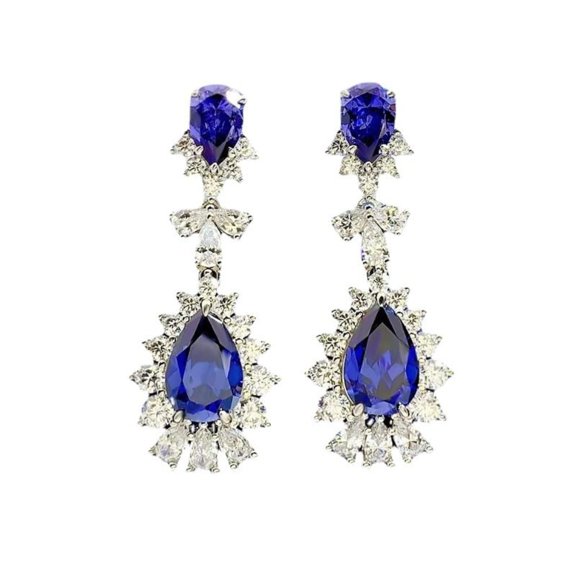 14K Gold over S925 Silver Teardrop Blue Stud Earrings for Women - Birthstone Chandelier Earring Accented with Moissanite for September Celebrants.