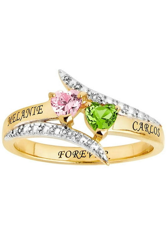 14K Gold over Sterling Couple's Heart Birthstone Bypass Diamond Accent Ring
