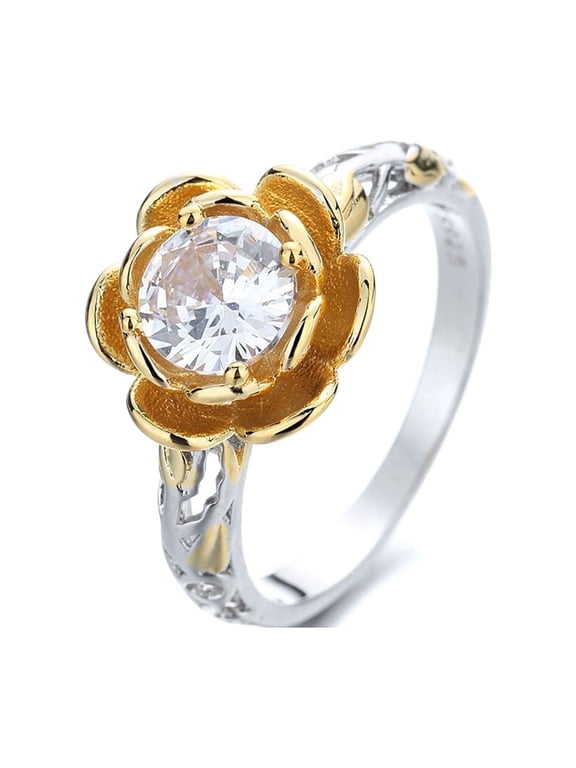 14K Gold over Sterling Silver Floral Ring with Simulated Diamonds