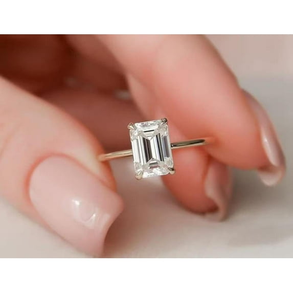14K Gold plated Moissanite Engagement Ring, Emerald Cut Moissanite Engagement Ring, Moissanite Ring, Dainty Moissanite Ring, Cluster Ring,
