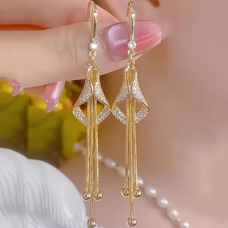 Gold Dangle Earrings For Women - Rhinestone Crystal Tassel Long Earrings For Party, Prom & Wedding 2 thumbnail image