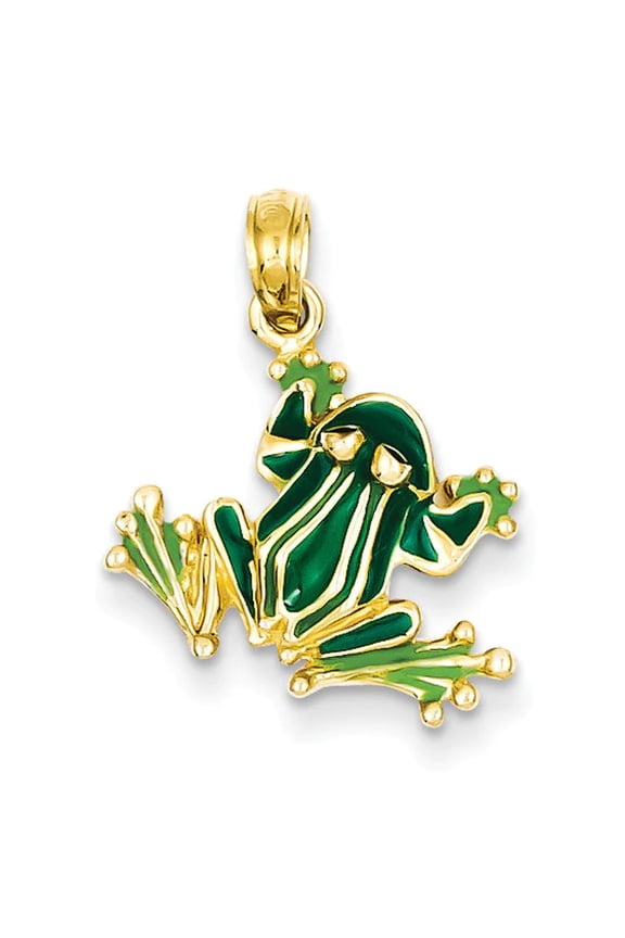 14K Yellow Gold Green Enameled 2-D Frog Charm Pendant