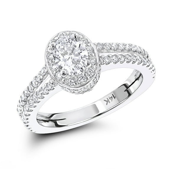 14K Halo Round and Oval Shape Natural Diamond Engagement Ring (White Gold Size 7.5)