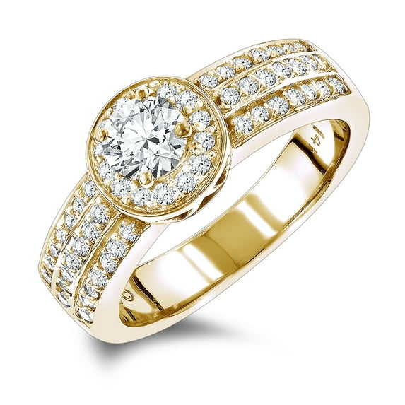 14K Halo Unique Round Natural 1 Ctw Diamond Engagement Ring Women (Yellow Gold Size 8)