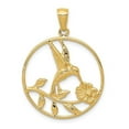 thumbnail image 1 of 14K Yellow Gold Solid Polished Finish Hummingbird with Flower Design in Round Frame Shape Circle Pendant, 1 of 3