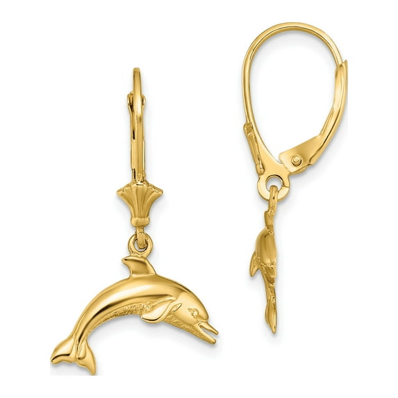 14K Yellow Gold Stylish, Charming Polished 28 Mm 16.2 Jumping Dolphin Leverback Earrings