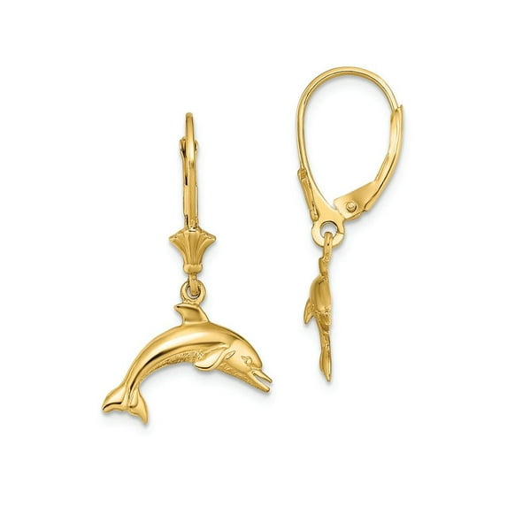 14K Jumping Dolphin Leverback Earrings