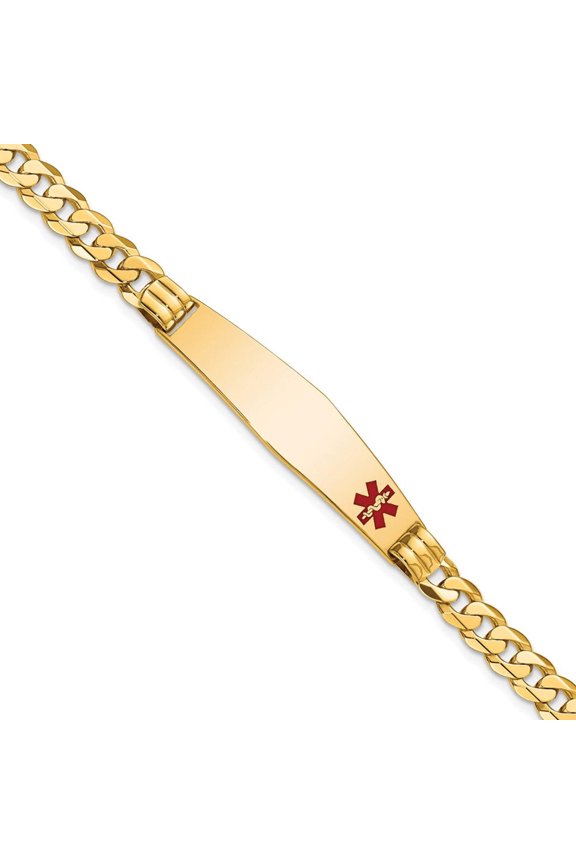 14K Medical Soft Diamond Shape Red Enamel Curb Link ID Bracecet (Weight: 12.42 Grams, Length: 7 Inches)