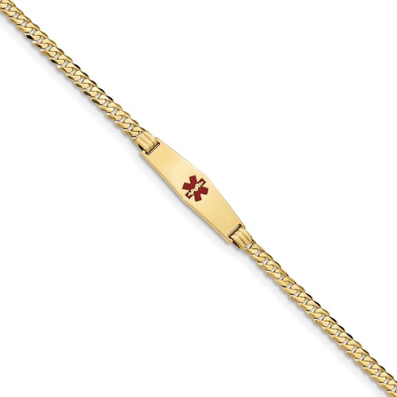14K Medical Soft Diamond Shape Red Enamel Curb Link ID Bracecet (Weight: 5.81 Grams, Length: 7 Inches)