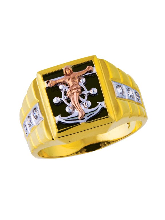 14K Men's Fancy Jesus Anchor CZ Two-Tone Gold Ring