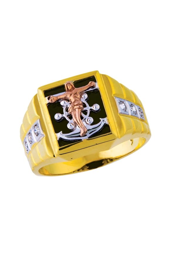 14K Men's Fancy Jesus Anchor CZ Two-Tone Gold Ring