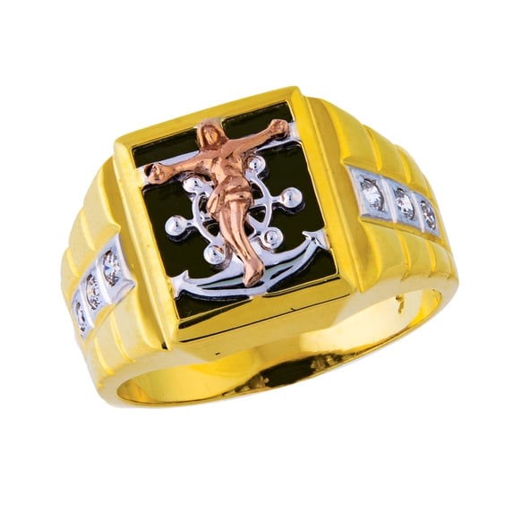 14K Men's Fancy Jesus Anchor CZ Two-Tone Gold Ring