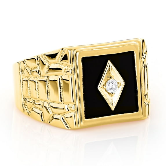 14K Mens Black Real Onyx and Natural 0.1 Ctw Diamond Ring (Yellow Gold Size 7)