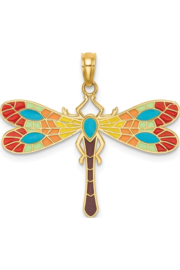 14K Multi Color Enamel Dragonfly Charm Yellow Gold Material Elegant Sleek Graceful Designed for those who cherish timeless beauty