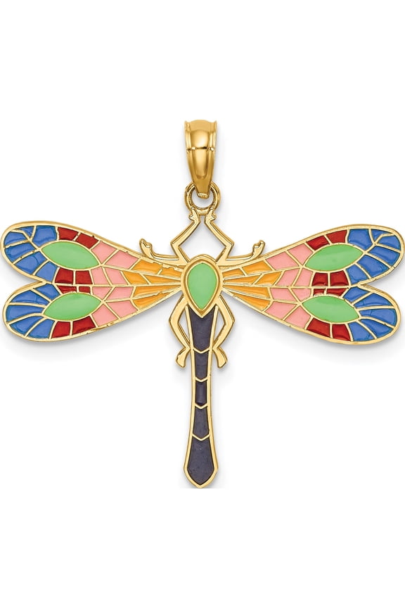 14K Multi Color Enamel Dragonfly Charm Yellow Gold Material Sparkling Ethereal Glistening Designed for those who cherish timeless beauty