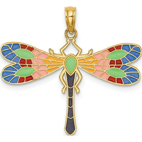 14K Multi Color Enamel Dragonfly Charm Yellow Gold Material Sparkling Ethereal Glistening Designed for those who cherish timeless beauty
