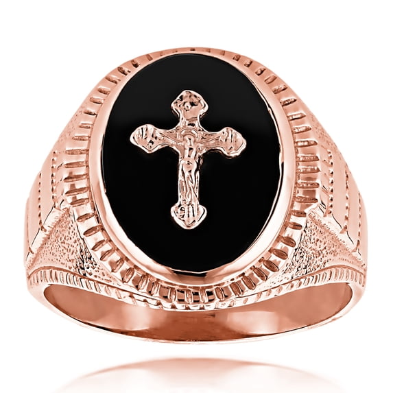 14K Natural Black Onyx Mens Unique Ring Cross Detail (Rose Gold Size 10.5)