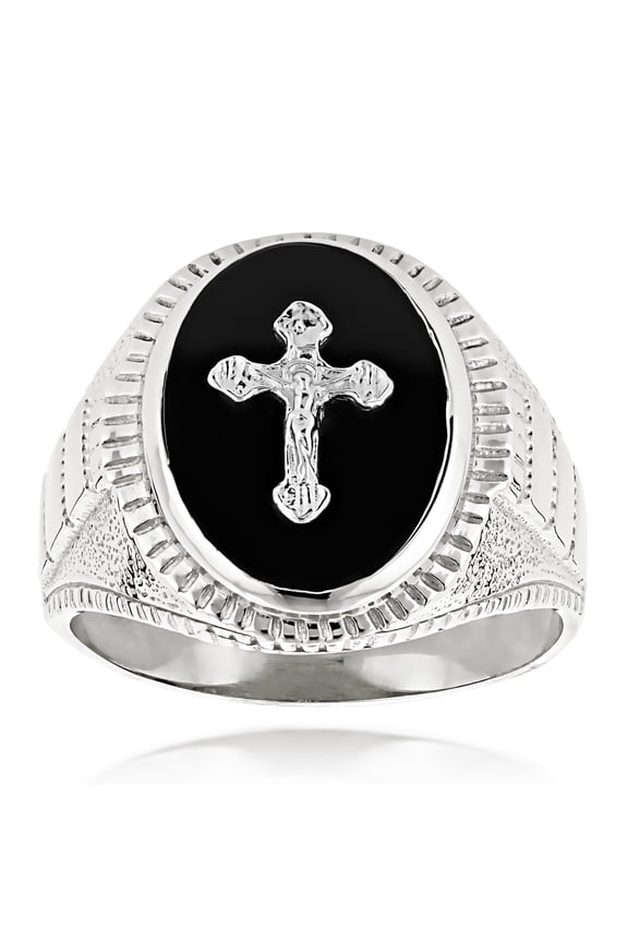 14K Natural Black Onyx Mens Unique Ring Cross Detail (White Gold Size 8)