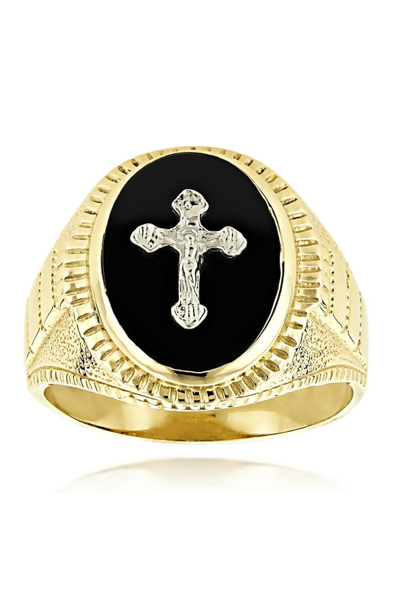 14K Natural Black Onyx Mens Unique Ring Cross Detail (Yellow Gold Size 11)