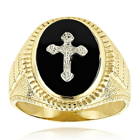 14K Natural Black Onyx Mens Unique Ring Cross Detail (Yellow Gold Size 8)