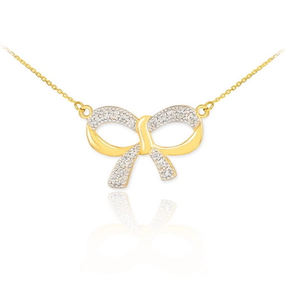14K POLISHED GOLD DIAMOND BOW NECKLACE : 18"