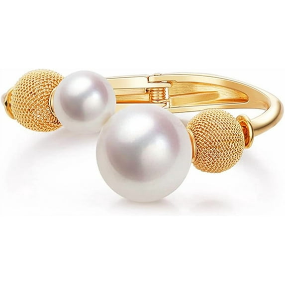 14K Plated Gold Big Pearl Clasp Cuff Bracelets Asymmetric Broadside Ball Handcuffs Wrist Bangle for Women Girls Simple Fashion Jewelry