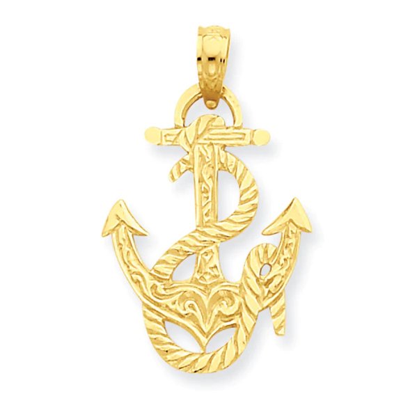 14K Yellow Gold Texture Polished Finished Anchor and Rope Design Charm Pendant