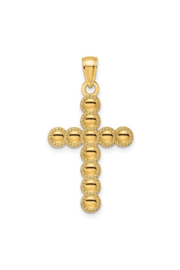 14K Yellow Gold Timeless Beaded Circles Design Latin Cross Pendant
