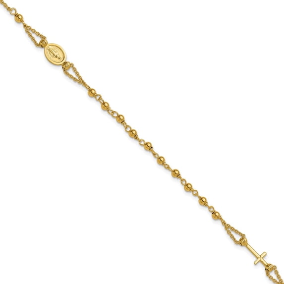 14K Polished Diamond-cut / Beaded Religious Rosary Style Bracelet