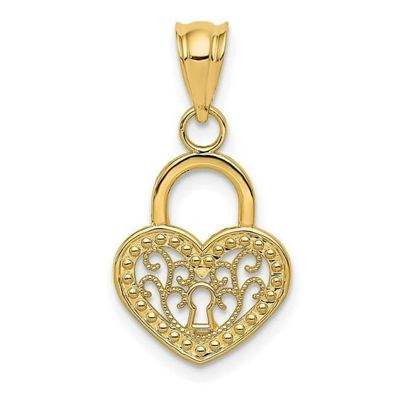 14K Yellow Gold Concave Filigree Heart Lock Design Charm Pendant