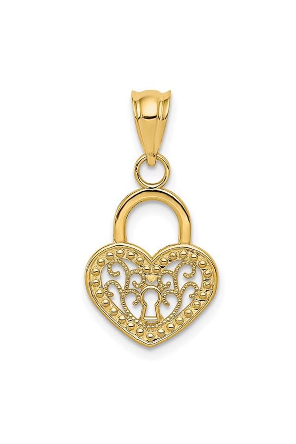 14K Yellow Gold Concave Filigree Heart Lock Design Charm Pendant