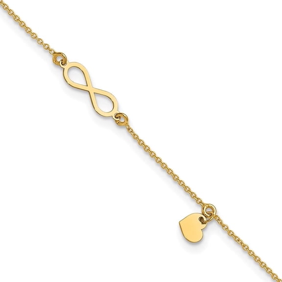 14K Polished Infinity/Dangle Heart 9in Plus 1in ext. Anklet