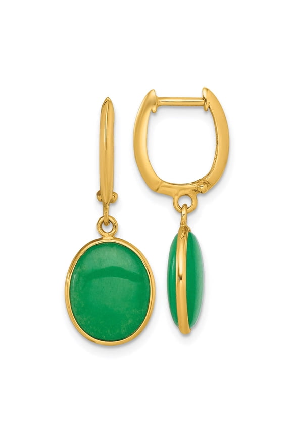 14K Polished Oval Jade Cabochon Dangle Hinged Hoop Earrings