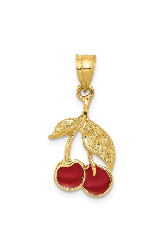 14K Polished Red Enameled Cherries Pendant