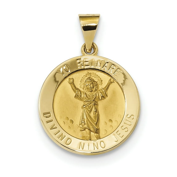 14K Polished Satin Hollow Spanish Divino Nino Round Medal Pendant