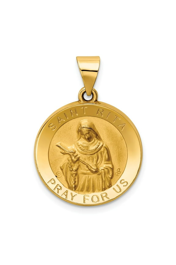 14K Polished and Satin Hollow St. Rita Medal Round Pendant