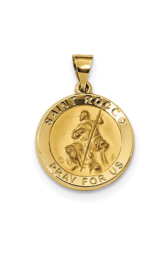 14K Polished and Satin Hollow St. Rocco Medal Round Pendant