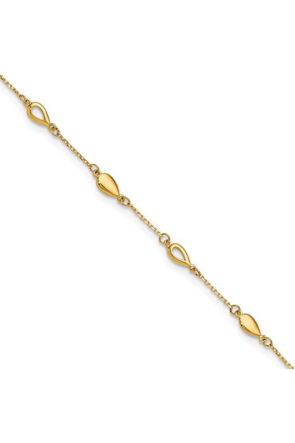 14K Polished Teardrop Station 9in Plus 1in ext. Anklet