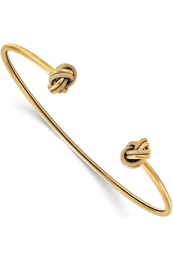 14K Yellow Gold Polished and Textured Love Knot Flexible Cuff Bangle