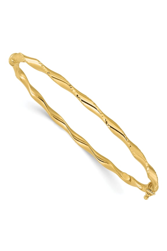 14K Polished and Diamond-cut Twisted Hinged Bangle