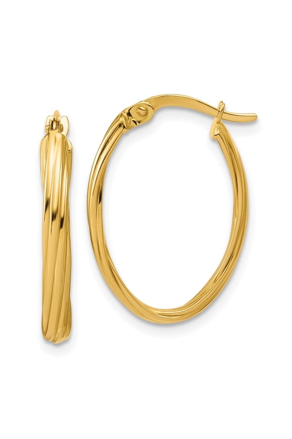 14K Polished and Grooved Twist Oval Hoop Earrings