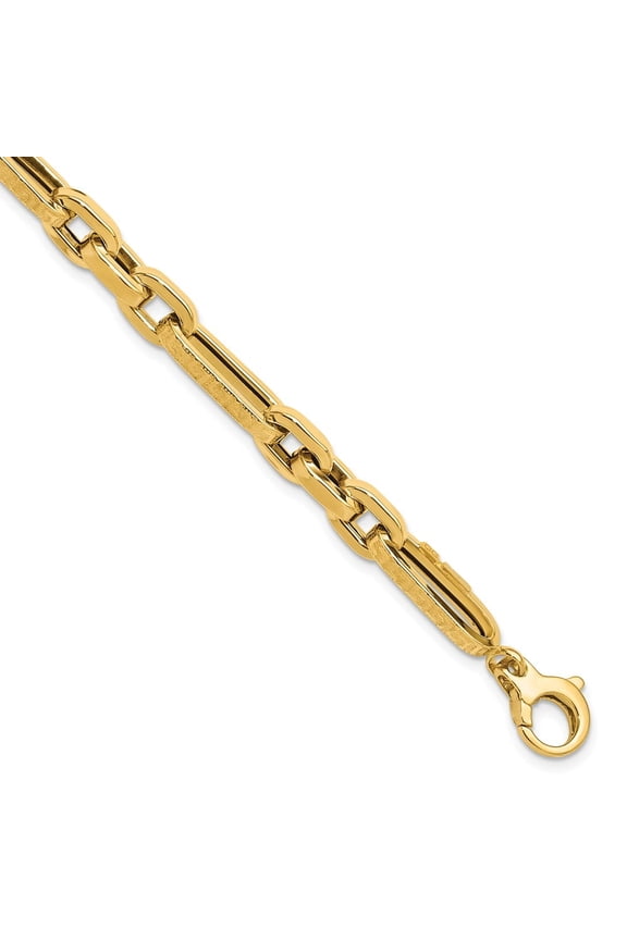 14K Polished and Textured 7.2mm Greek Key Design Figaro Cable Link 8 inch Bracelet