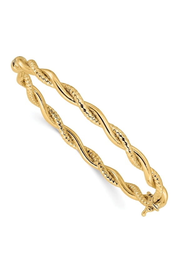 14K Polished and Textured Twisted Hinged Bangle