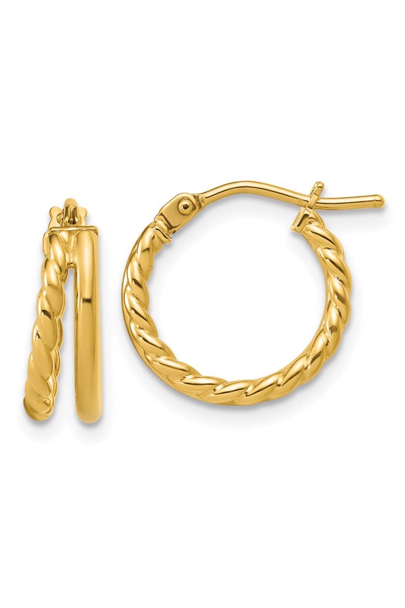 14K Polished and Twisted 2-row J-Hoop Earrings