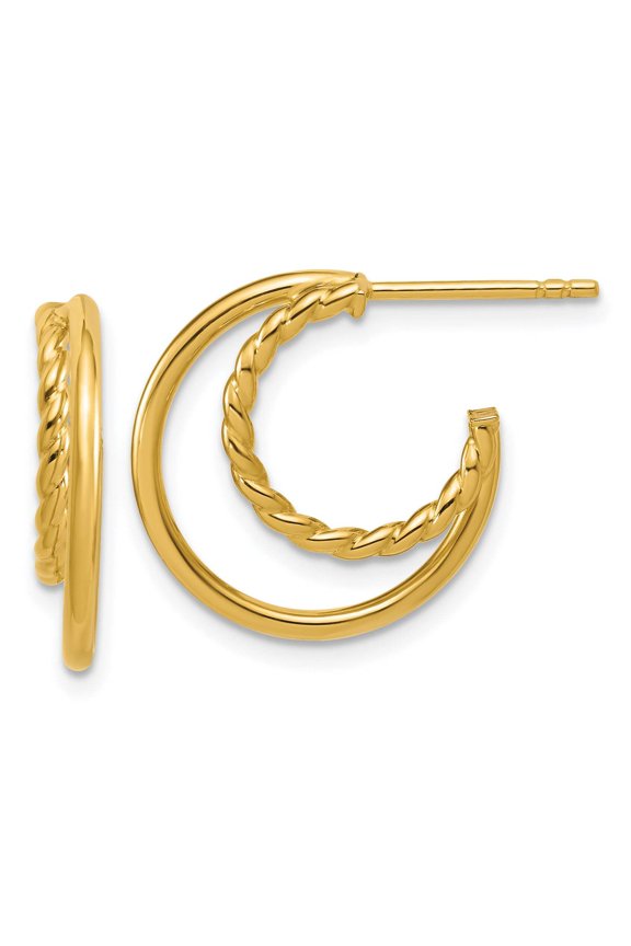 14K Polished and Twisted 2-row J-Hoop Post Earrings