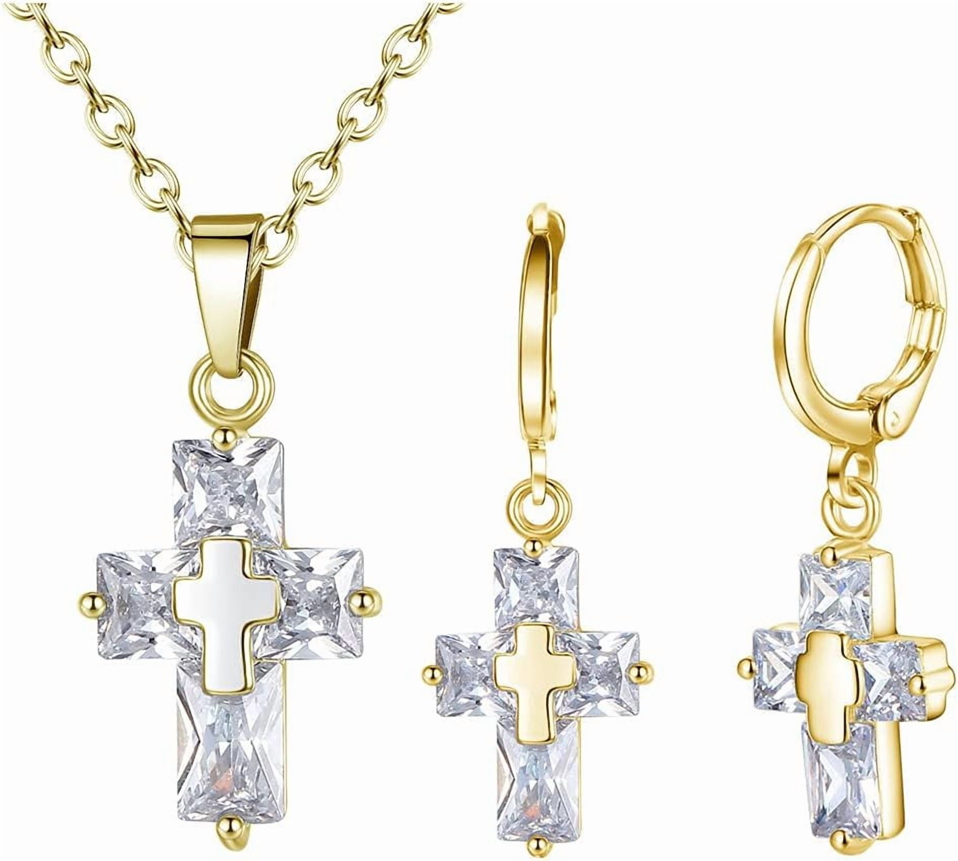 14K Quality Gold-Expertly Plated Cross, Cubic Zirconite Necklace + Earring Set | Women's Jewelry Set[c798]