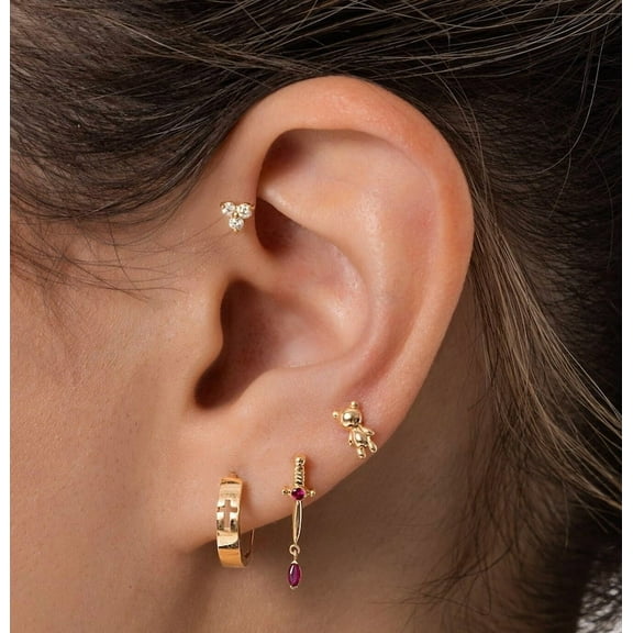 14K REAL Solid Gold Cross Engraved Hoop Earrings, Cartilage Daith Helix Tragus Conch Rook Snug Huggie Hinge Hoop Ear Ring Piercing Jewelry MOT48911Y Yellow Gold