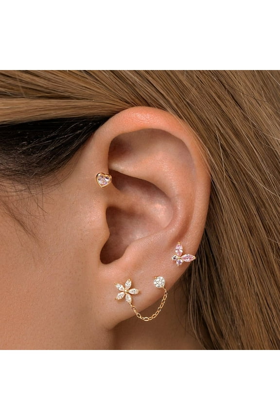 14K REAL Solid Gold Marquise Cubic Zirconia Flower Round Ball Chain Earrings, CZ Upper Earlobe Cartilage Helix Tragus Ear Post Stud Earrings MJE52498-CZW White Gold