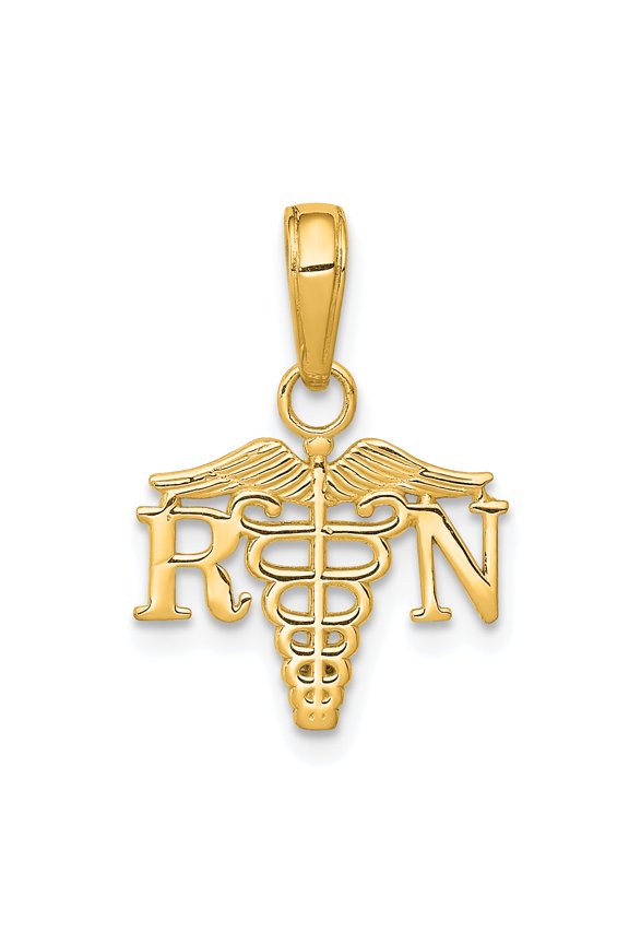 14K Yellow Gold Open Back Polished Finish RN Caduceus Design Charm Pendant